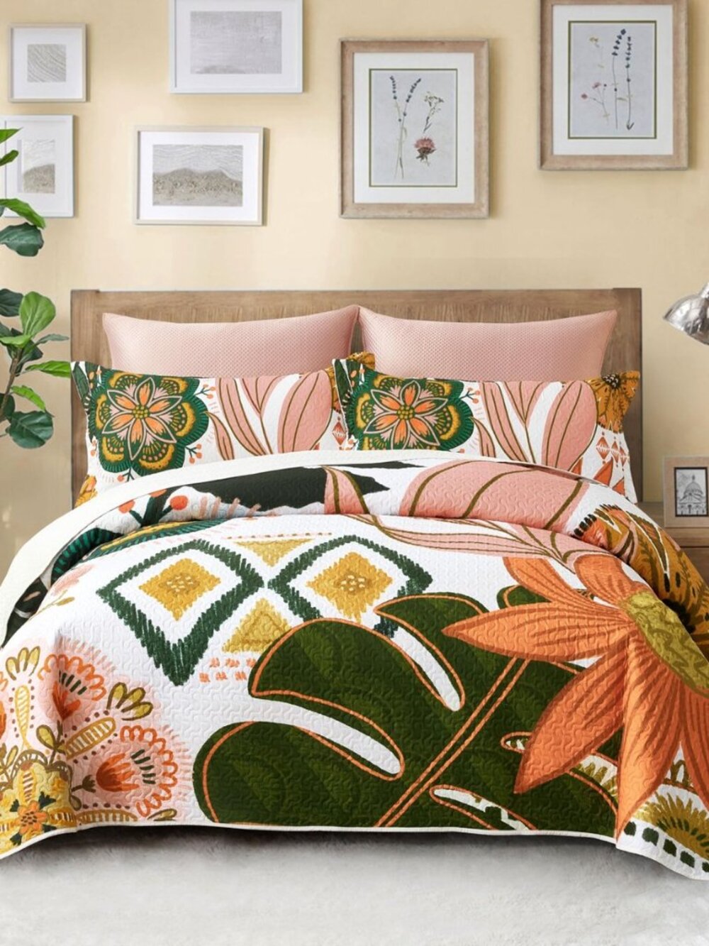 3 Piece Boho Floral Full/Queen Quilt Bedding Sets